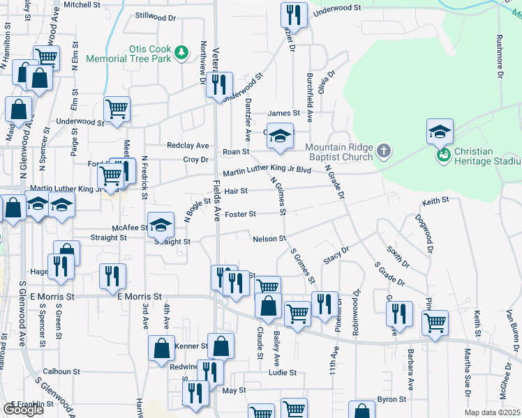 map of restaurants, bars, coffee shops, grocery stores, and more near 1109 Foster Street in Dalton