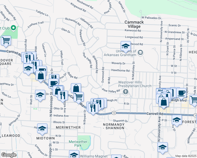 map of restaurants, bars, coffee shops, grocery stores, and more near 2217 Blackwood Road in Little Rock