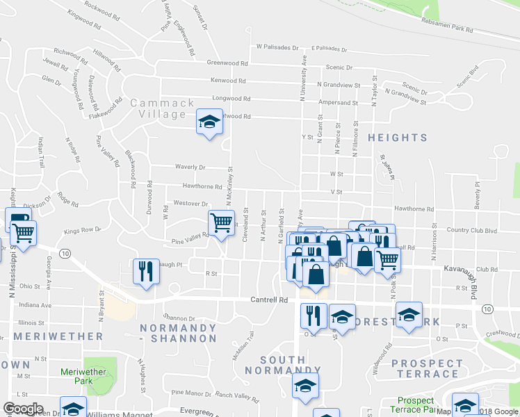 map of restaurants, bars, coffee shops, grocery stores, and more near 2220 North Arthur Street in Little Rock