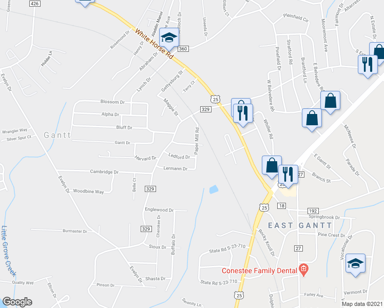 map of restaurants, bars, coffee shops, grocery stores, and more near 15 Ledford Drive in Greenville
