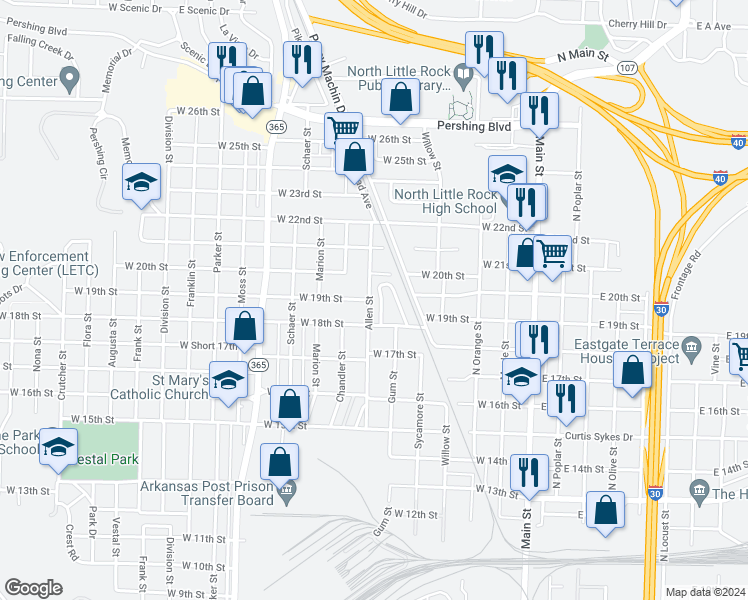 map of restaurants, bars, coffee shops, grocery stores, and more near 123 College Park Circle in North Little Rock