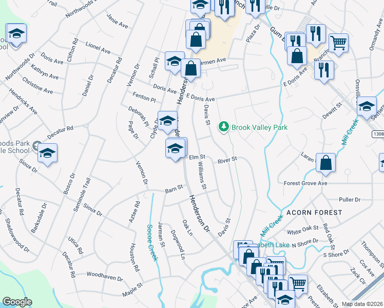 map of restaurants, bars, coffee shops, grocery stores, and more near 1001 Elm Street in Jacksonville