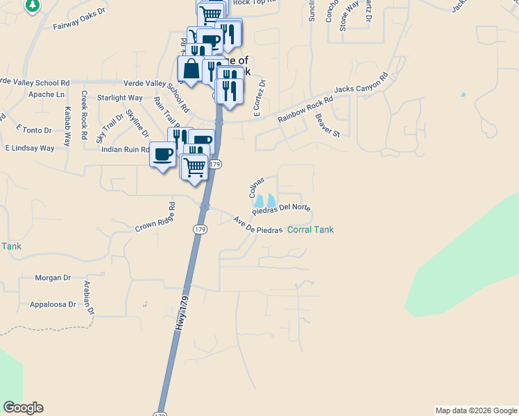 map of restaurants, bars, coffee shops, grocery stores, and more near 70 Piedras Del Norte in Sedona