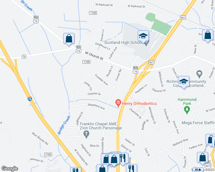 map of restaurants, bars, coffee shops, grocery stores, and more near 1203 Franklin Avenue in Laurinburg