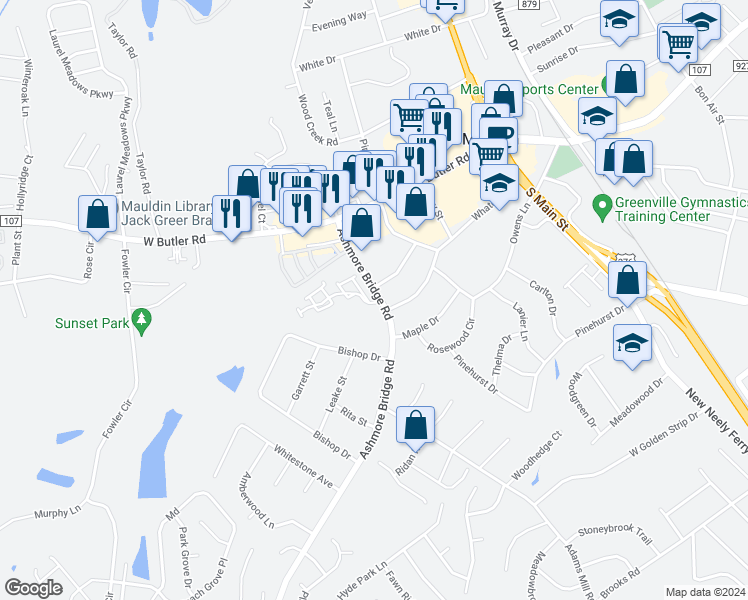 map of restaurants, bars, coffee shops, grocery stores, and more near 2 Sikes Circle in Mauldin