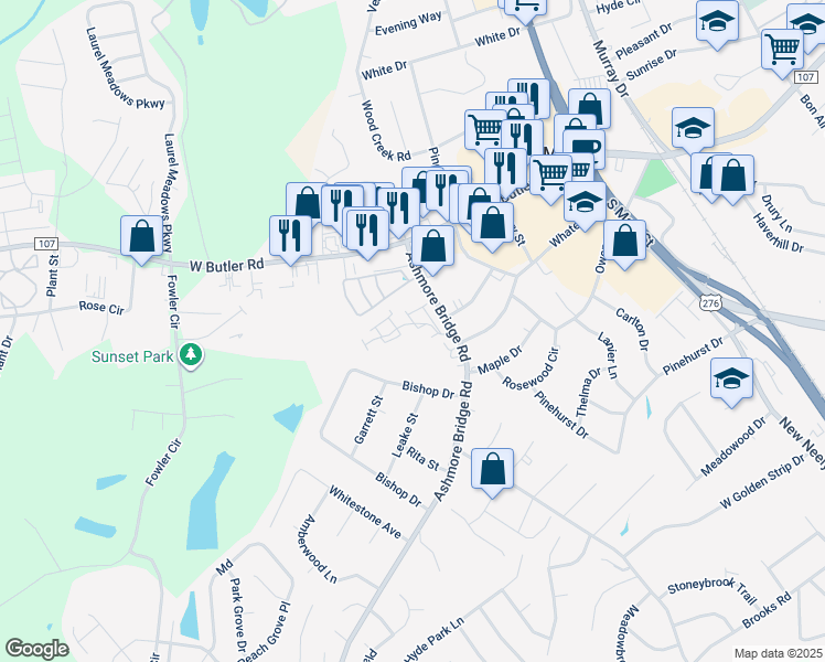 map of restaurants, bars, coffee shops, grocery stores, and more near 101 Bumble Circle in Mauldin