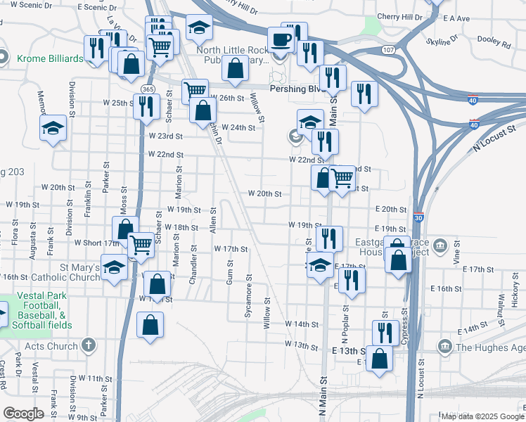 map of restaurants, bars, coffee shops, grocery stores, and more near 400 College Park Street in North Little Rock