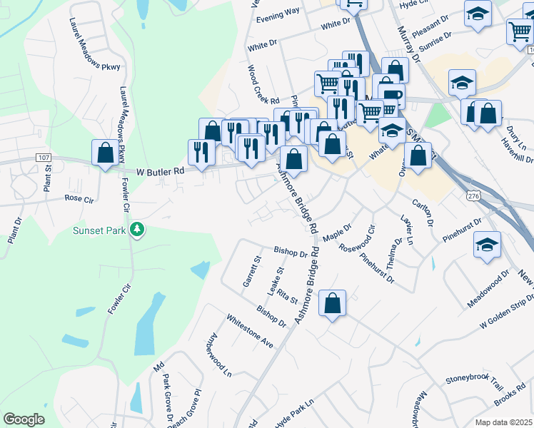 map of restaurants, bars, coffee shops, grocery stores, and more near 101 Bumble Cir in Mauldin