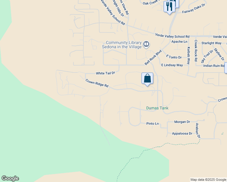 map of restaurants, bars, coffee shops, grocery stores, and more near 1260 Crown Ridge Road in Sedona