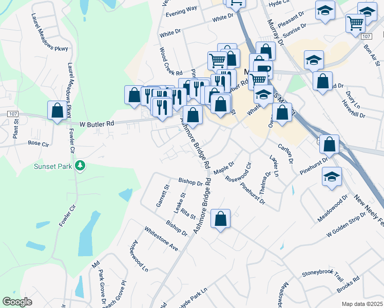 map of restaurants, bars, coffee shops, grocery stores, and more near 501 Fagin Circle in Mauldin