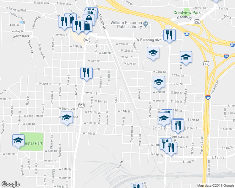 map of restaurants, bars, coffee shops, grocery stores, and more near 123 College Park Circle in North Little Rock