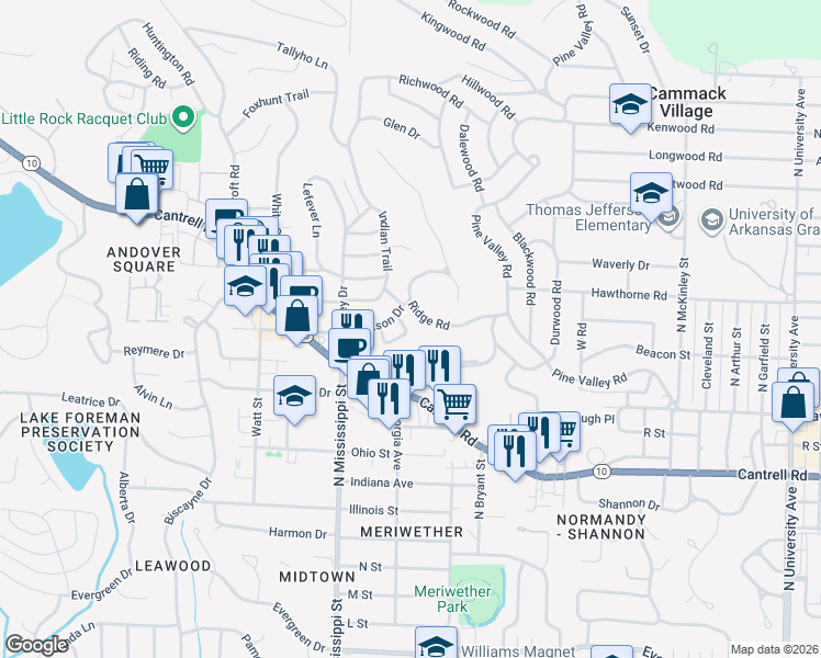 map of restaurants, bars, coffee shops, grocery stores, and more near 137 Ridge Road in Little Rock