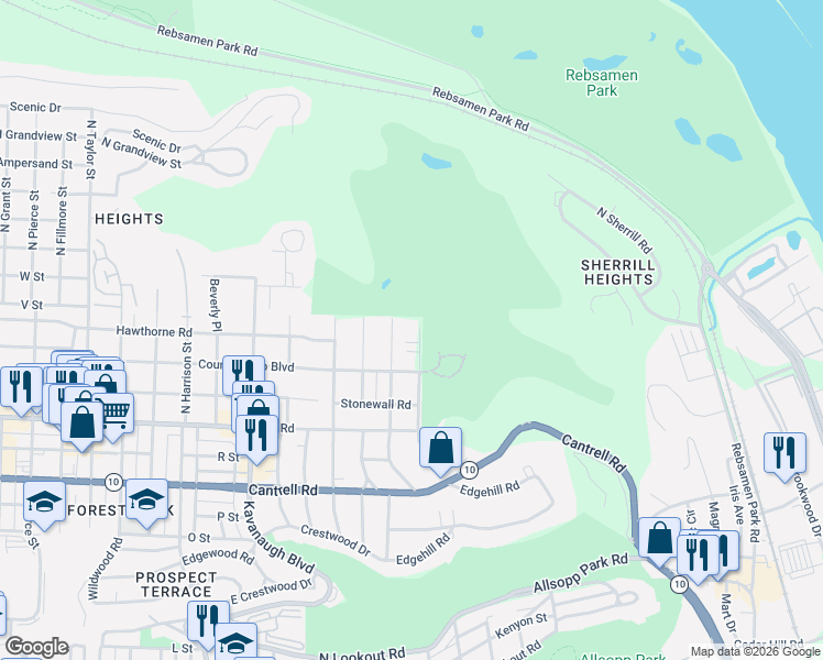 map of restaurants, bars, coffee shops, grocery stores, and more near 2420 Country Club Lane in Little Rock