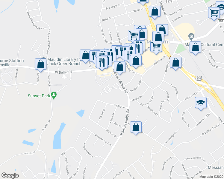 map of restaurants, bars, coffee shops, grocery stores, and more near 403 Twist Circle in Mauldin