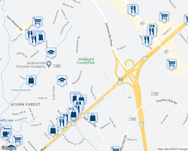 map of restaurants, bars, coffee shops, grocery stores, and more near 113 King Richard Court in Jacksonville