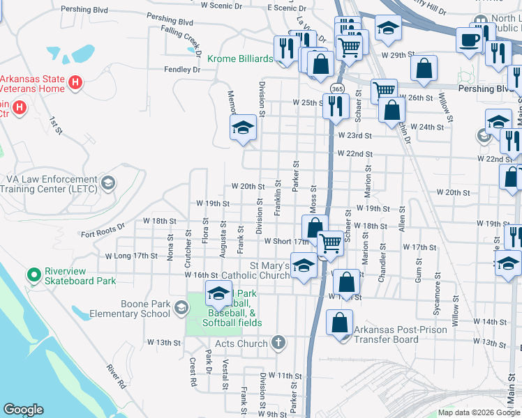 map of restaurants, bars, coffee shops, grocery stores, and more near 1420 West 19th Street in North Little Rock
