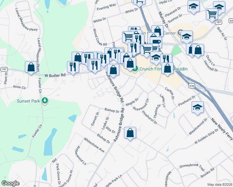 map of restaurants, bars, coffee shops, grocery stores, and more near 501 Fagin Circle in Mauldin
