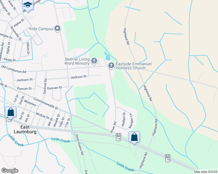 map of restaurants, bars, coffee shops, grocery stores, and more near 14563 Kiser Road in Laurinburg