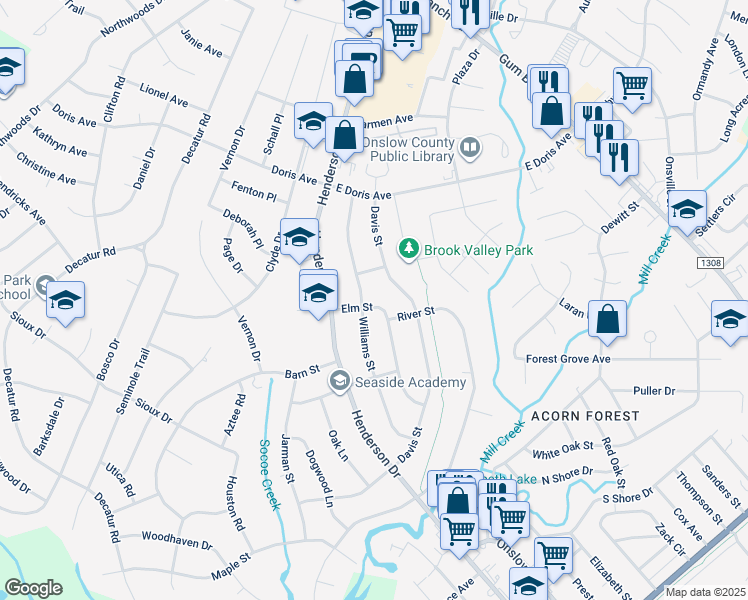 map of restaurants, bars, coffee shops, grocery stores, and more near 706 Elm Street in Jacksonville