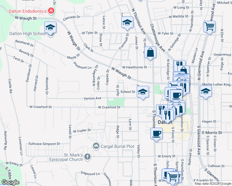 map of restaurants, bars, coffee shops, grocery stores, and more near 601 School Street in Dalton
