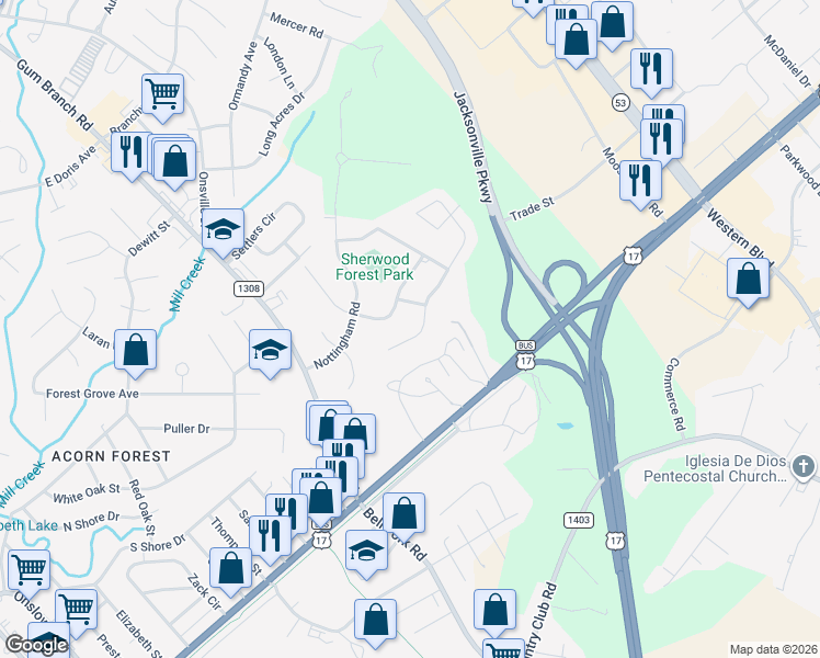 map of restaurants, bars, coffee shops, grocery stores, and more near 109 King Richard Court in Jacksonville
