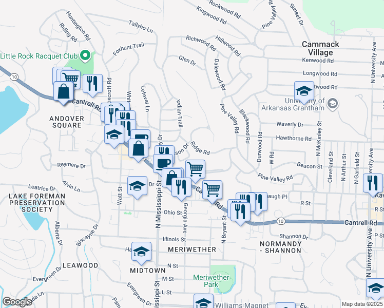 map of restaurants, bars, coffee shops, grocery stores, and more near 137 Ridge Road in Little Rock
