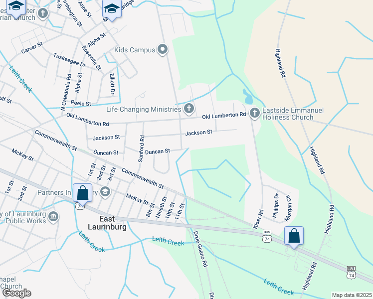 map of restaurants, bars, coffee shops, grocery stores, and more near 200 Produce Market Road in Laurinburg