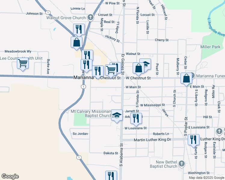 map of restaurants, bars, coffee shops, grocery stores, and more near 317 West Main Street in Marianna