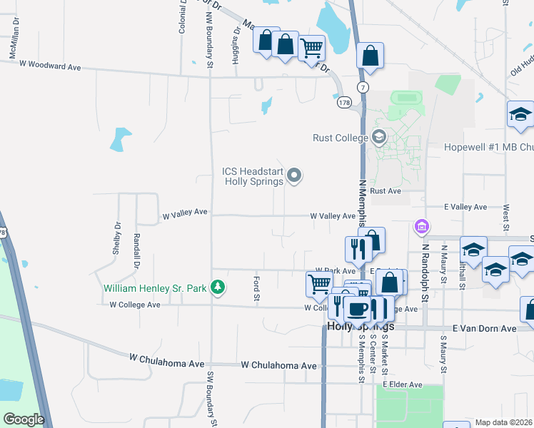 map of restaurants, bars, coffee shops, grocery stores, and more near 267 W Valley Ave in Holly Springs