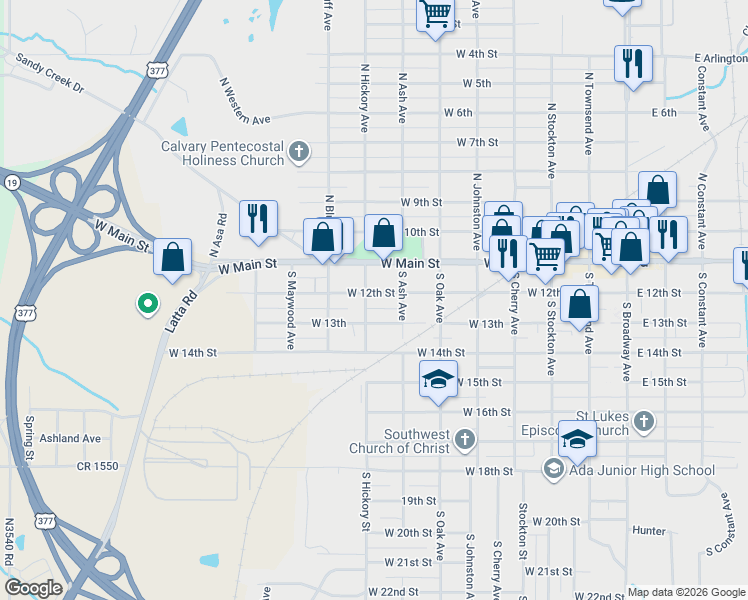 map of restaurants, bars, coffee shops, grocery stores, and more near 219 South Hickory Street in Ada