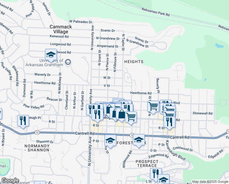map of restaurants, bars, coffee shops, grocery stores, and more near 5705 Hawthorne Road in Little Rock