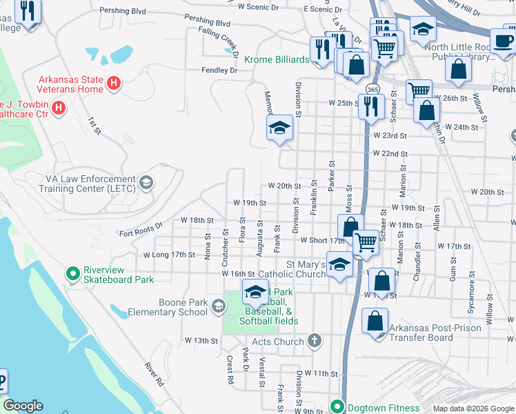 map of restaurants, bars, coffee shops, grocery stores, and more near 1819 Frank Street in North Little Rock