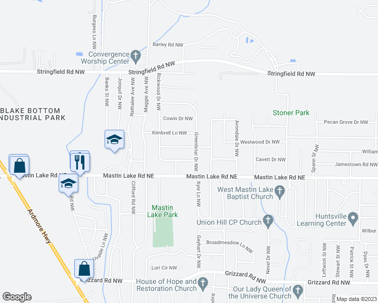 map of restaurants, bars, coffee shops, grocery stores, and more near 6003 Ellington Road Northwest in Huntsville
