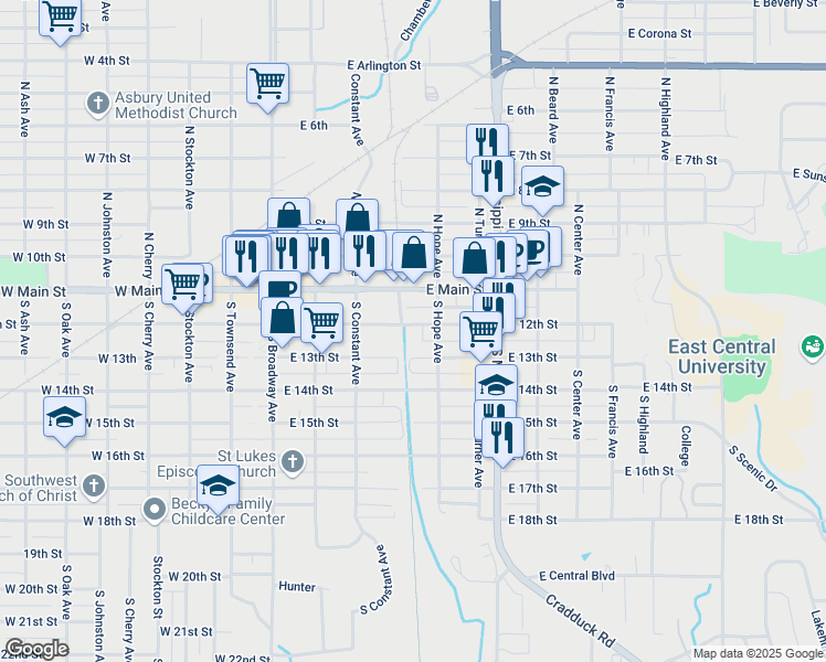 map of restaurants, bars, coffee shops, grocery stores, and more near 401 East 12th Street in Ada