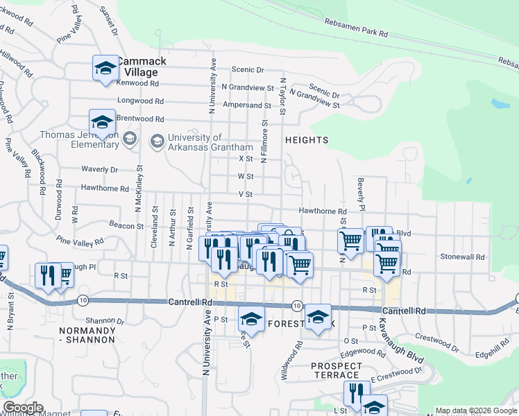 map of restaurants, bars, coffee shops, grocery stores, and more near 5705 Hawthorne Road in Little Rock