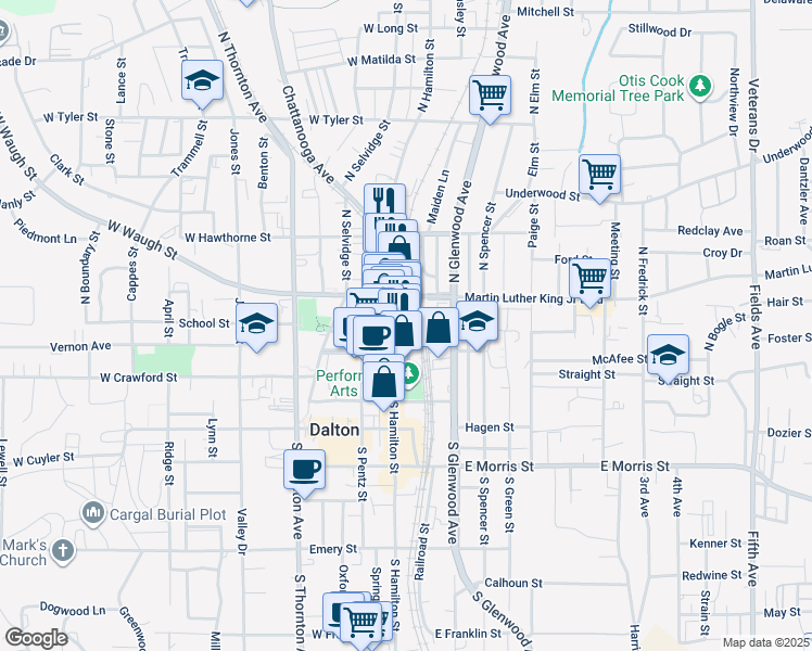 map of restaurants, bars, coffee shops, grocery stores, and more near 222 North Hamilton Street in Dalton