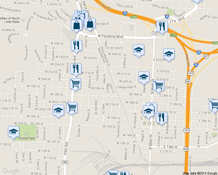 map of restaurants, bars, coffee shops, grocery stores, and more near 123 College Park Circle in North Little Rock