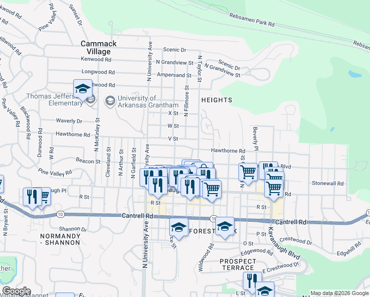 map of restaurants, bars, coffee shops, grocery stores, and more near 5705 Hawthorne Road in Little Rock