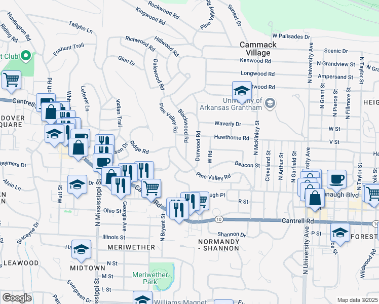 map of restaurants, bars, coffee shops, grocery stores, and more near 2217 Blackwood Road in Little Rock