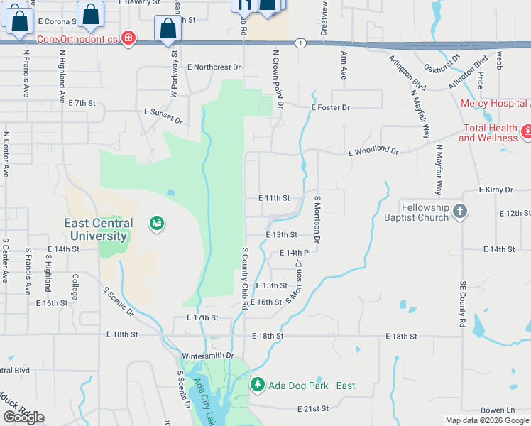 map of restaurants, bars, coffee shops, grocery stores, and more near 120 South Crownpoint Drive in Ada