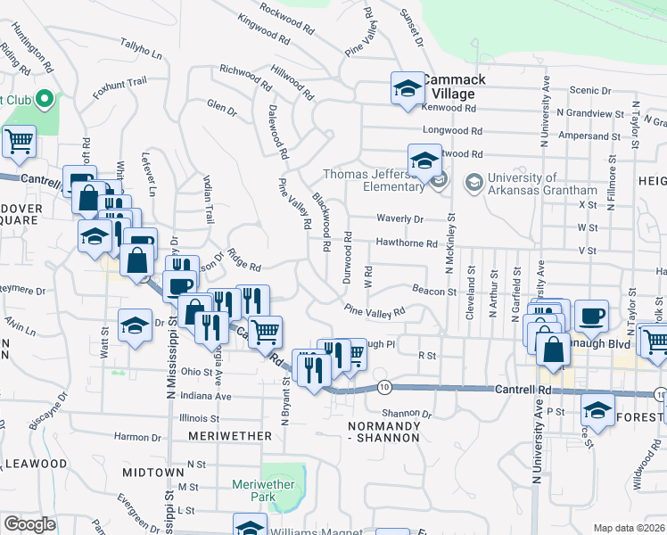 map of restaurants, bars, coffee shops, grocery stores, and more near 2217 Blackwood Road in Little Rock