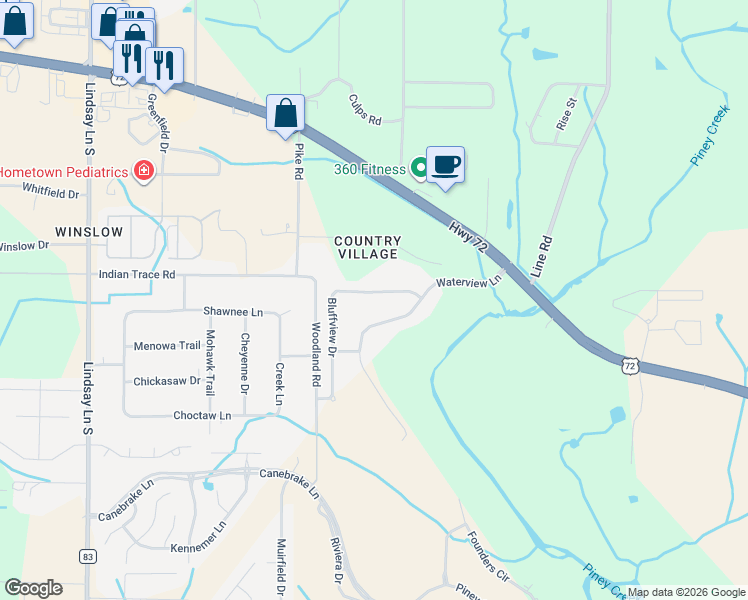 map of restaurants, bars, coffee shops, grocery stores, and more near 22824 Bluffview Drive in Athens