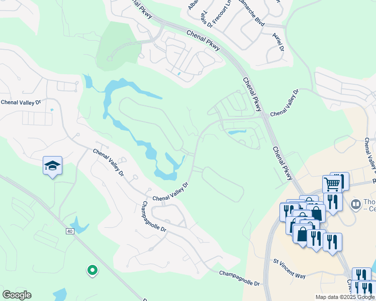 map of restaurants, bars, coffee shops, grocery stores, and more near 5 Chenal Downs Boulevard in Little Rock