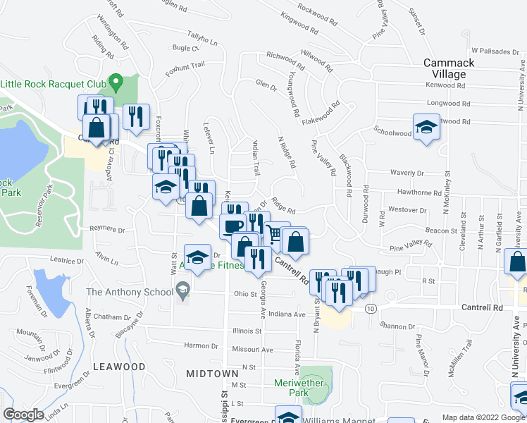 map of restaurants, bars, coffee shops, grocery stores, and more near 112 Winnwood Road in Little Rock