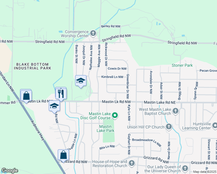 map of restaurants, bars, coffee shops, grocery stores, and more near 6025 Rickwood Drive Northwest in Huntsville