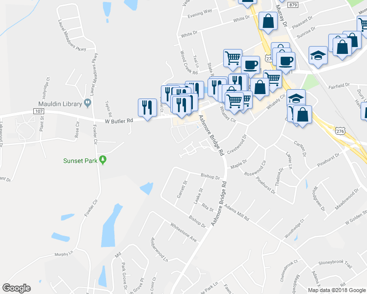 map of restaurants, bars, coffee shops, grocery stores, and more near 142 Bumble Circle in Mauldin