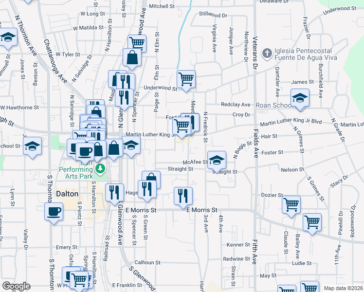 map of restaurants, bars, coffee shops, grocery stores, and more near 600 Martin Luther King Junior Boulevard in Dalton