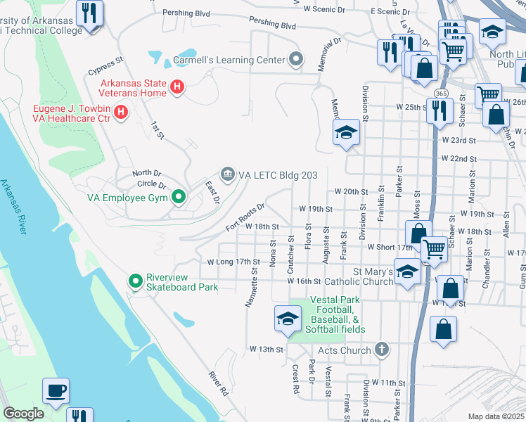 map of restaurants, bars, coffee shops, grocery stores, and more near 2012 Fort Roots Drive in North Little Rock