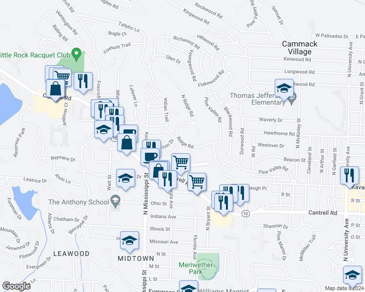 map of restaurants, bars, coffee shops, grocery stores, and more near 137 Ridge Road in Little Rock