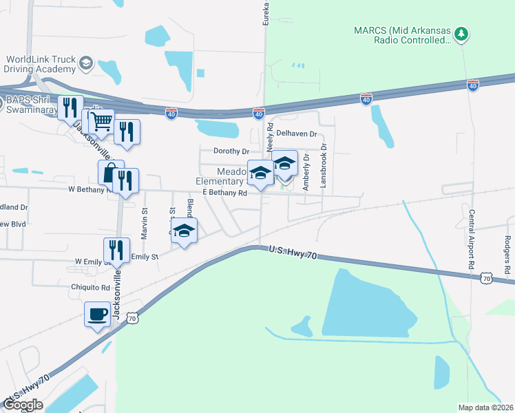 map of restaurants, bars, coffee shops, grocery stores, and more near 208 Eureka Garden Road in North Little Rock